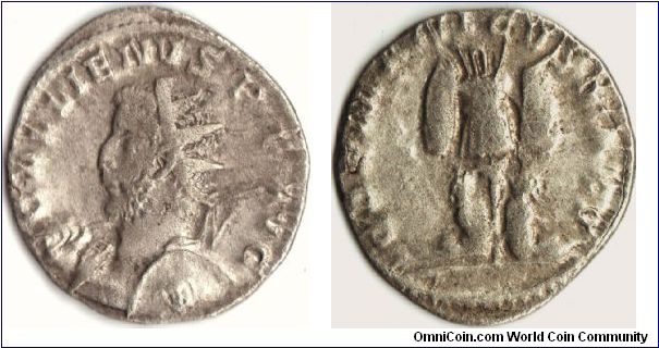 Debased silver antoninianus of Gallienus issued in celebration of his victories in Germany. Obv, his radiate bust to left. Rev., a trophy of arms with two captives below.