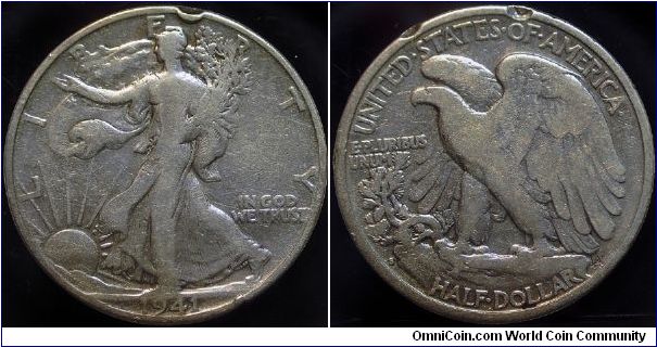 1941S Walking Liberty, Half Dollar, Rim Damage