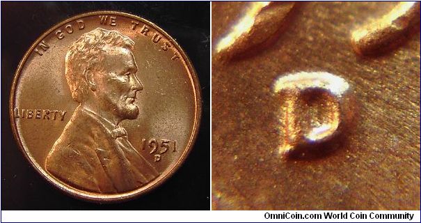 1951D Lincoln, One cent, Re-punched Mint Mark, Secondary to the East shown as a Verticle Line Inside the Primary, LDS