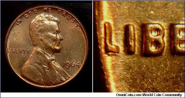 1964D Lincoln, Doubled Die Obverse, Horizontal Bar Under the L in LIBERTY