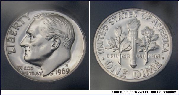Roosevelt One Dime. Metal content:
Outer layers - 75% Copper, 25% Nickel
Center - 100% Copper     
1969-S PROOF SET.Mintmark: S (for San Francisco, CA) above the date