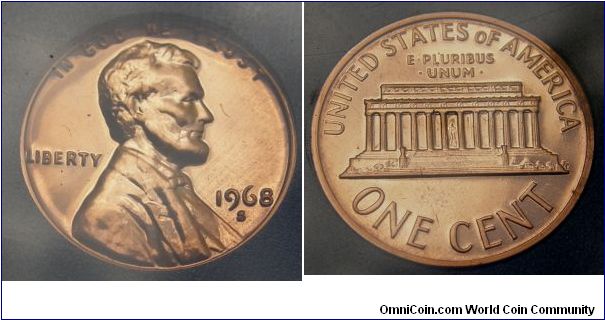 1968 was the first year that Proof Coin Sets were produced at the San Francisco Mint.
Lincoln One Cent.Metal content:
Copper - 95%
Tin and Zinc - 5%.
1968-S PROOF SET, Mintmark: S (for San Francisco, CA) below the date