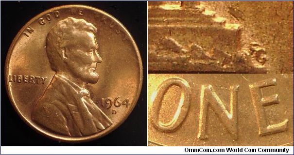 1964D Lincoln, One Cent, Doubled Die Reverse, Strong Class 2 Doubling, Stronger Doubling at the One Cent and Weakens Toward the Top of the Coin.