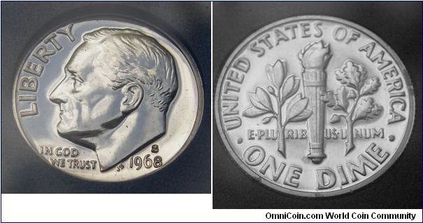 1968 was the first year that Proof Coin Sets were produced at the San Francisco Mint. 
Roosevelt One Dime. Metal content:
Outer layers - 75% Copper, 25% Nickel
Center - 100% Copper.
1968-S PROOF SET,Mintmark: S (for San Francisco, CA) above the date