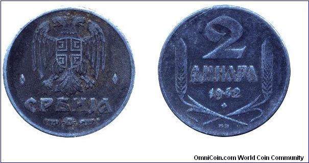 Serbia, German occupation, 2 dinara, 1942, Zn.                                                                                                                                                                                                                                                                                                                                                                                                                                                                      