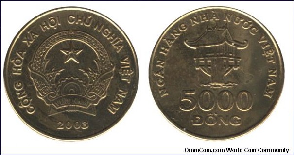 Vietnam, 5000 dong, 2003, Brass, 25mm, 7.6g, Chua Mot Cot Pagoda in Hanoi.