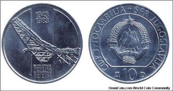 SFR Yugoslavia, 10 dinara, 1983, Cu-Ni, 1943-1983, 40th Anniversary of Battle of Neretva River.                                                                                                                                                                                                                                                                                                                                                                                                                     