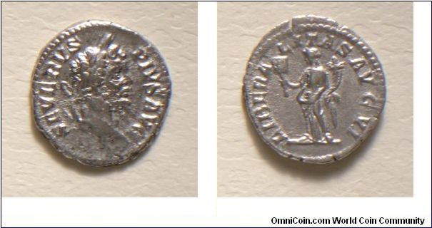 Septimius Severus, AR Dinarius, Rome Mint, OB: Head laureate r. SEVERVS PIUS AVG, RV: Libralitas standing l. holding account board and cornocupia LIBERALITASAVGVI