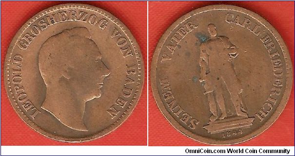 Grand Duchy of Baden
1 kreuzer
Leopold grand duke of Baden
commemorative kreuzer: erection of statue of grand duke Carl Friedrich (Seinem Vater Carl Friedrich = His Father Carl Friedrich)
bronze
mintage 54,000