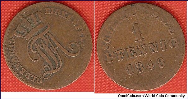 Principality of Birkenfeld
1 pfennig
initials of Paul friedrich August of Oldenburg and Birkenfeld
bronze
mintage 158,000