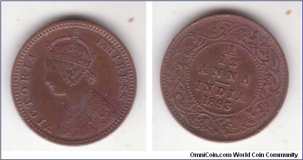 KM-483, 1893 British India 1/12 anna; plain rim copper in darker toned about uncirculated