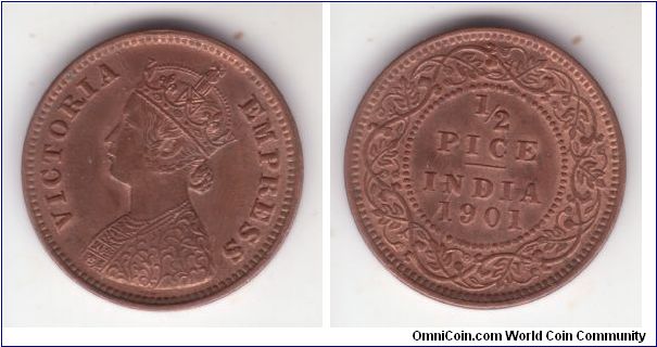 KM-484, 1901 British India 1/2 pice in mostly red about uncirculated