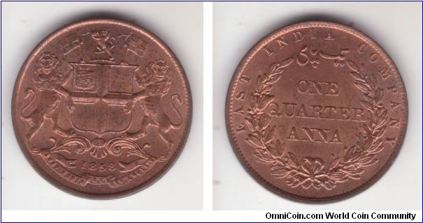 KM-463.1, 1858 British India 1/4 anna; plain edge copper coin was minted at Birmingham mint of J.Watt & Sons for EAST INDIA COMPANY; nice blazing red coin
