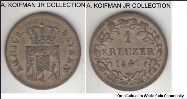 KM-799 (prev. KM-422), 1841 German States Bavaria kreuzer; silver, plain edge; Ludwig I, extra fine or about, toned.