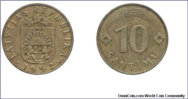 Latvia, 10 santimu, 1992, Brass, Diameter: 19.90mm, Weight: 3.25g, Latvijas Republika.                                                                                                                                                                                                                                                                                                                                                                                                                              