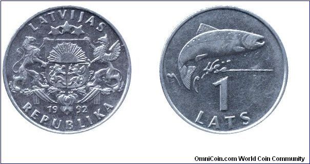 Latvia, 1 lats, 1992, Cu-Ni, Diameter: 21.75mm, Weight: 4.80g, Salmon, Latvijas Republika.                                                                                                                                                                                                                                                                                                                                                                                                                          