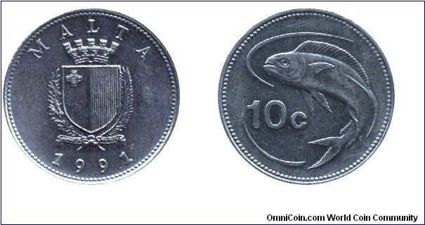 Malta, 10 cents, 1991, Cu-Ni, Diameter: 21.78mm, Weight: 5.01g, Reverse: Lampuka fish                                                                                                                                                                                                                                                                                                                                                                                                                               