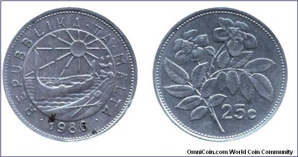 Malta, 25 cents, 1986, Cu-Ni, 24.95mm, 6.19g, Reverse: Ghirlanda flower.                                                                                                                                                                                                                                                                                                                                                                                                                                            
