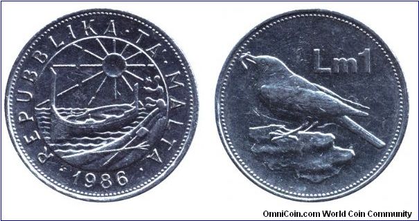 Malta, 1 pound, 1986, Cu-Ni, 29.82mm, 13g, Rev: Merrill bird.                                                                                                                                                                                                                                                                                                                                                                                                                                                       
