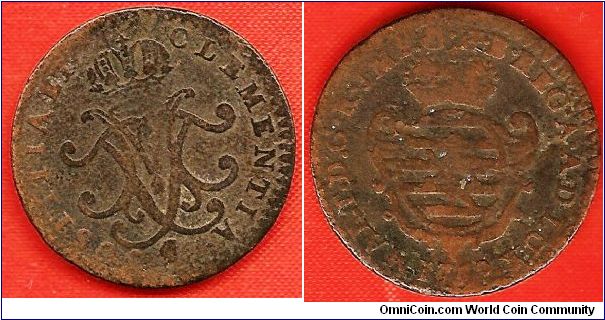 liard
Maria Theresia, by the grace of God Roman emperor, queen of Germany, Hungary and Bohemia, archduchess of Austria, duchess of Luxembourg
copper
struck at Brussels Mint