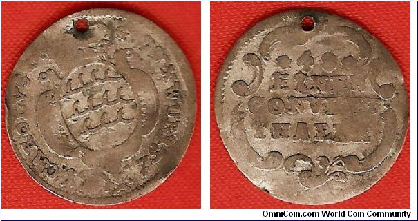 Duchy of Wurttemberg
48 einen conventionsthaler (1/48 thaler)
Carolus D.G. Dux Wurtt. (Carl, by the grace of God, duke of Wurttemberg)
silver
holed coin
