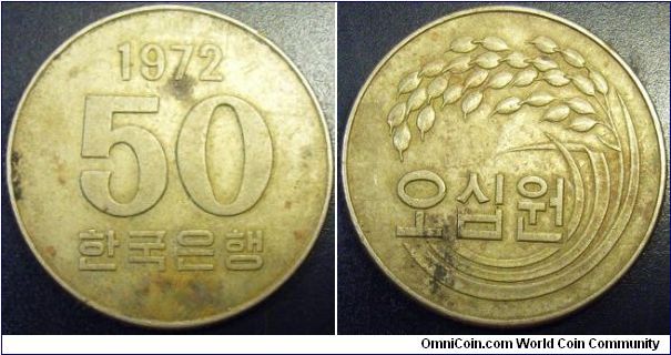 South Korea 1972 50 won. One of the tougher year coin to find. Still in nice condition.