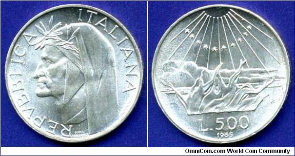 500 Lire.
700-th anniversary of the birth of Dante Alighieri.
(R) Roma mint.


Ag835f. 11,0gr.