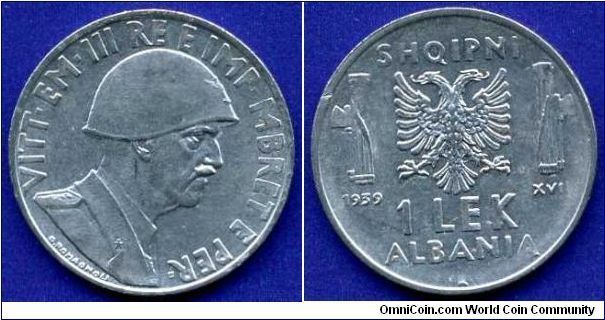 1 Lek.
Vittorio Emanuele III (1900-1946).
Italian protectorate.
(R) Roma mint.
Mintage 2,100,000 units.


Rafting Akmonital.