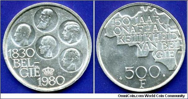 500 Frank.
150 th anniversary of independence of Belgium.
*BELGIE*.
Baudouin I (1951-1993).


Silver clad copper-nickel.