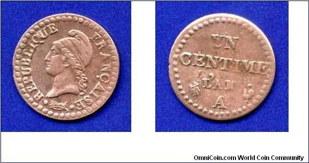 1 centime.
Republique Francaise (L'an 7 - 1799).
(A) Paris mint.


Cu.