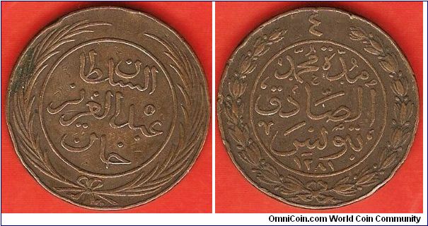 Tunis
4 kharubs
Sultan Abdul Aziz
1281AH
copper