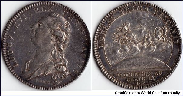 Silver jeton issued for the Crown Prosecutors based at Le Chatelet in Paris, France. This example of Louis XVI bust (obverse)by Droz. The reverse shows Aurora bringing light to the heart of the matter (as she does).
