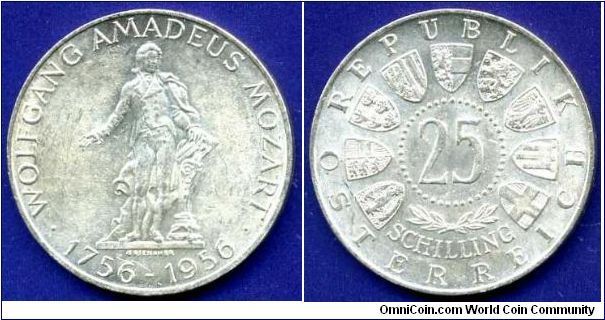 25 schilling.
Austrian Republica.
200th anniversary of Wolfgang Amadeus Mozart.


Ag800f. 13gr.