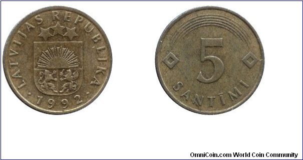 Latvia, 5 santimi, 1992, Brass, 18.50mm, 2.50g.                                                                                                                                                                                                                                                                                                                                                                                                                                                                     