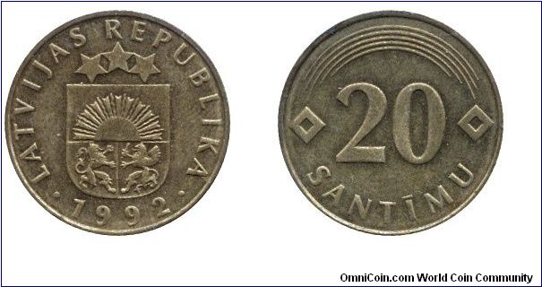 Latvia, 20 santimu, 1992, Brass, 21.50mm, 4g.                                                                                                                                                                                                                                                                                                                                                                                                                                                                       