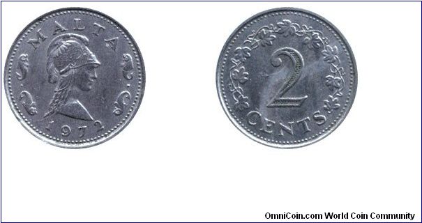 Malta, 2 cents, 1972, Cu-Ni, Greek Goddess Penthesilea.                                                                                                                                                                                                                                                                                                                                                                                                                                                             
