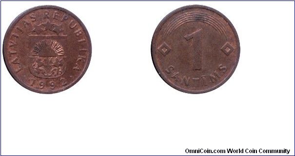 Latvia, 1 santims, 1992, Cu-Fe, 15.65mm, 1.60g.                                                                                                                                                                                                                                                                                                                                                                                                                                                                     