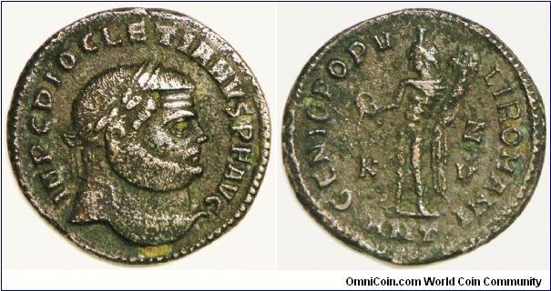 Post-reform coinage, Diocletian (284-305), Follis, 294 AD. Obverse: laureate head right, Reverse: genio popvli romani Z/K-V/ANT. Note: The follis was a large bronze coin introduced in about 294 with the coinage reform of Diocletian. It weighed about 10 g & was about 4% silver, mostly as a thin layer on the surface. The word follis means bag (usually made of leather), & there is evidence that this term was used in antiquity for a sealed bag containing a specific amount of coins (Wikipedia). Fine.