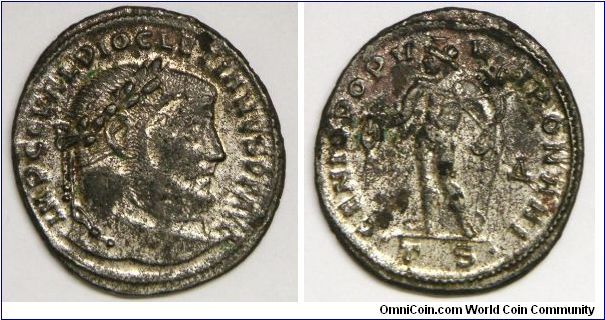 Post-reform coinage, Diocletian (284-305), Follis, 295-296 AD. Obverse: laureate head right, IMP C C VAL DIOCLETIANVS PF AVG. Reverse: GENIO POPV-LI ROMANI/TS., Genius standing left, holding patera & cornucopiae. VF/VF+ (Note: The thin layer of silver still on the surface, i.e. better condition)