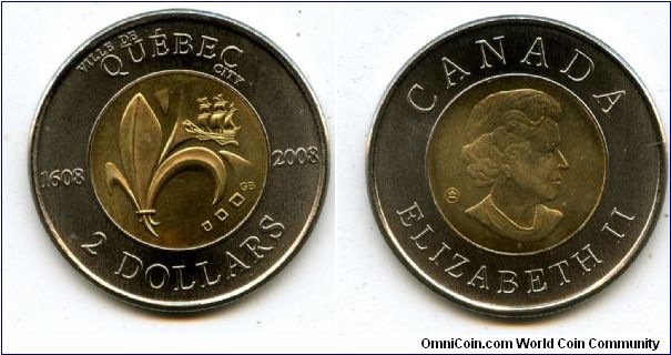 2008
$2 Twooney
400th Anniversery of Quebec City
Bi-Metalic
Flur de Llys & Ship
Queen Elizabeth II