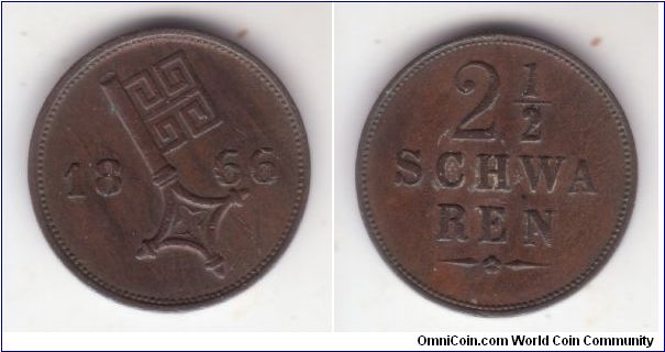 KM-234, 1866 Bremen free city 2 1/2 schwaren, small copper coin, plain edge; mintage was relatively small at 72,000; I would consider it about very fine specimen; some re-cut on C and W in denomination.