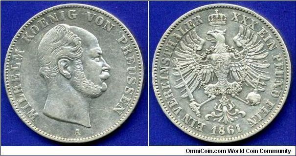 Vereinsthaler.
Kingdom of Prussia.
Wilhelm I (1861-1871. Since 1871-1888 German emperor).
'A' - Berlin mint.


Ag900f. 18,51gr.