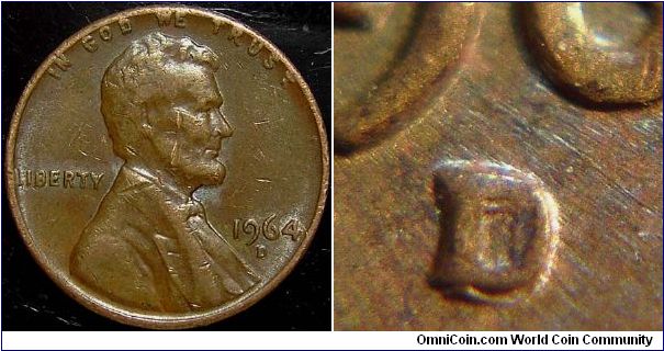 1964D Lincoln, One Cent, Re-punched Mint Mark, Secondary Punch Very Strong to the South of the Primary