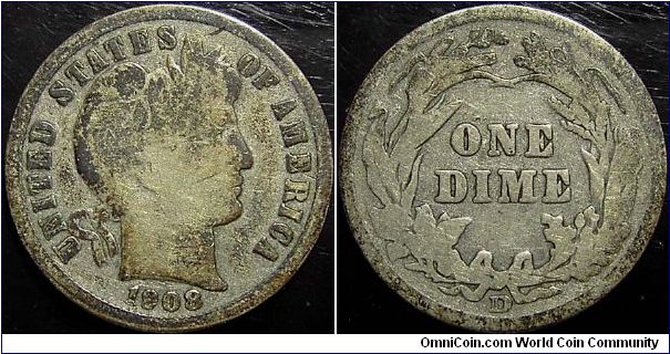 1908D Barber, One Dime