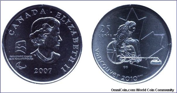Canada, 25 cents, 2007, Cu-Steel, 23.88mm, 4.4g, Wheelchair Curling, Queen Elizabeth II, part of Vancouver 2010 Olympic Winter Games Coin Collection Set.                                                                                                                                                                                                                                                                                                                                                           