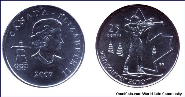 Canada, 25 cents, 2007, Cu-Steel, 23.88mm, 4.4g, Biathlon, Queen Elizabeth II, part of Vancouver 2010 Olympic Winter Games Coin Collection Set.                                                                                                                                                                                                                                                                                                                                                                     