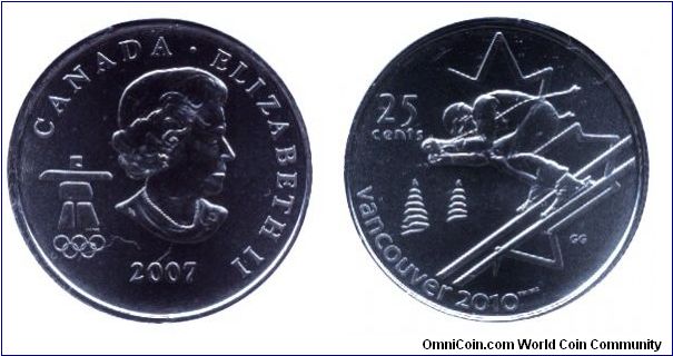 Canada, 25 cents, 2007, Cu-Steel, 23.88mm, 4.4g, Alpine Skiing, Queen Elizabeth II, part of Vancouver 2010 Olympic Winter Games Coin Collection Set.                                                                                                                                                                                                                                                                                                                                                                