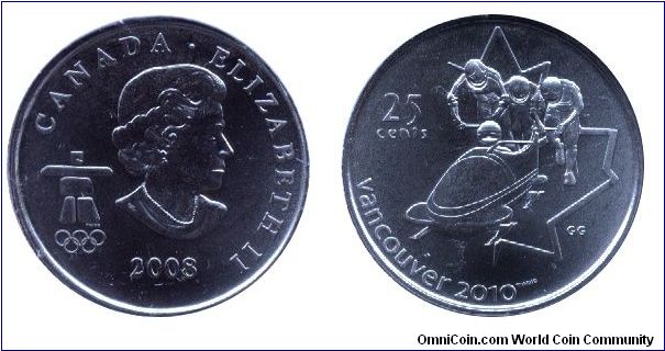 Canada, 25 cents, 2008, Cu-Steel, 23.88mm, 4.4g, Bobsled, Queen Elizabeth II, part of Vancouver 2010 Olympic Winter Games Coin Collection Set.                                                                                                                                                                                                                                                                                                                                                                      