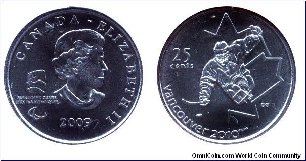 Canada, 25 cents, 2009, Cu-Steel, 23.88mm, 4.4g, Paralympics Sledge Hockey, Queen Elizabeth II, part of Vancouver 2010 Olympic Winter Games Coin Collection Set.                                                                                                                                                                                                                                                                                                                                                    