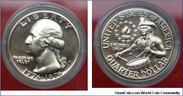 Washington Clad Bicentennial Quarter,1975S-Mintmark: S (for San Francisco, CA) on the obverse just right of the ribbon
Metal content:
Outer layers - 75% Copper, 25% Nickel
Center - 100% Copper
Proof Set.